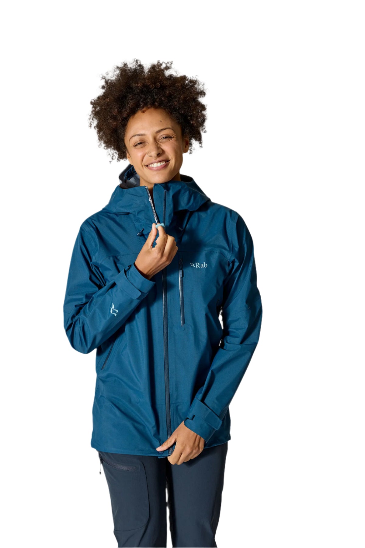 Rab Women's Firewall Mountain Waterproof Jacket in Tempest Blue - worn, front