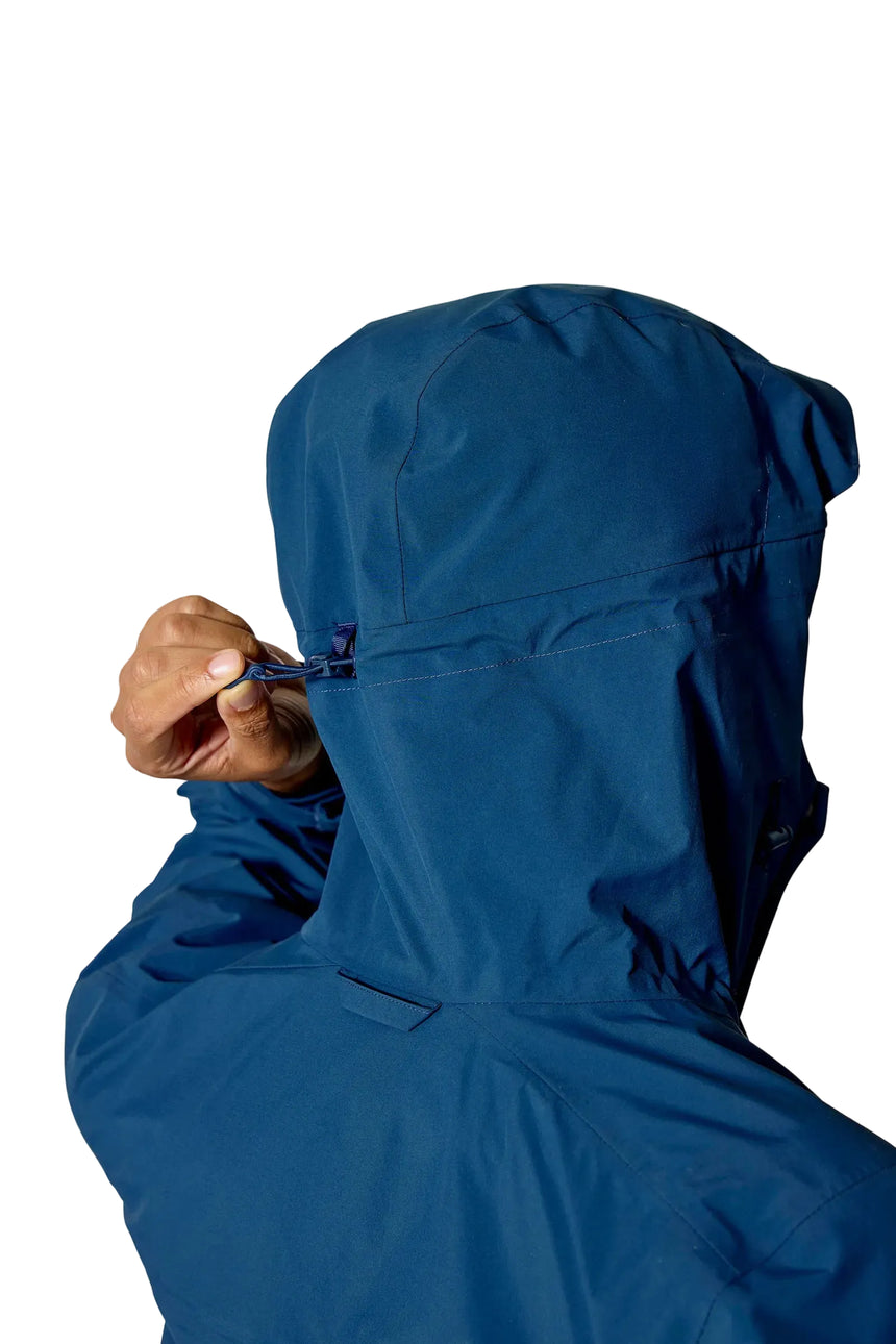 Rab Women's Firewall Waterproof Jacket in Tempest Blue - hood detail on model, back