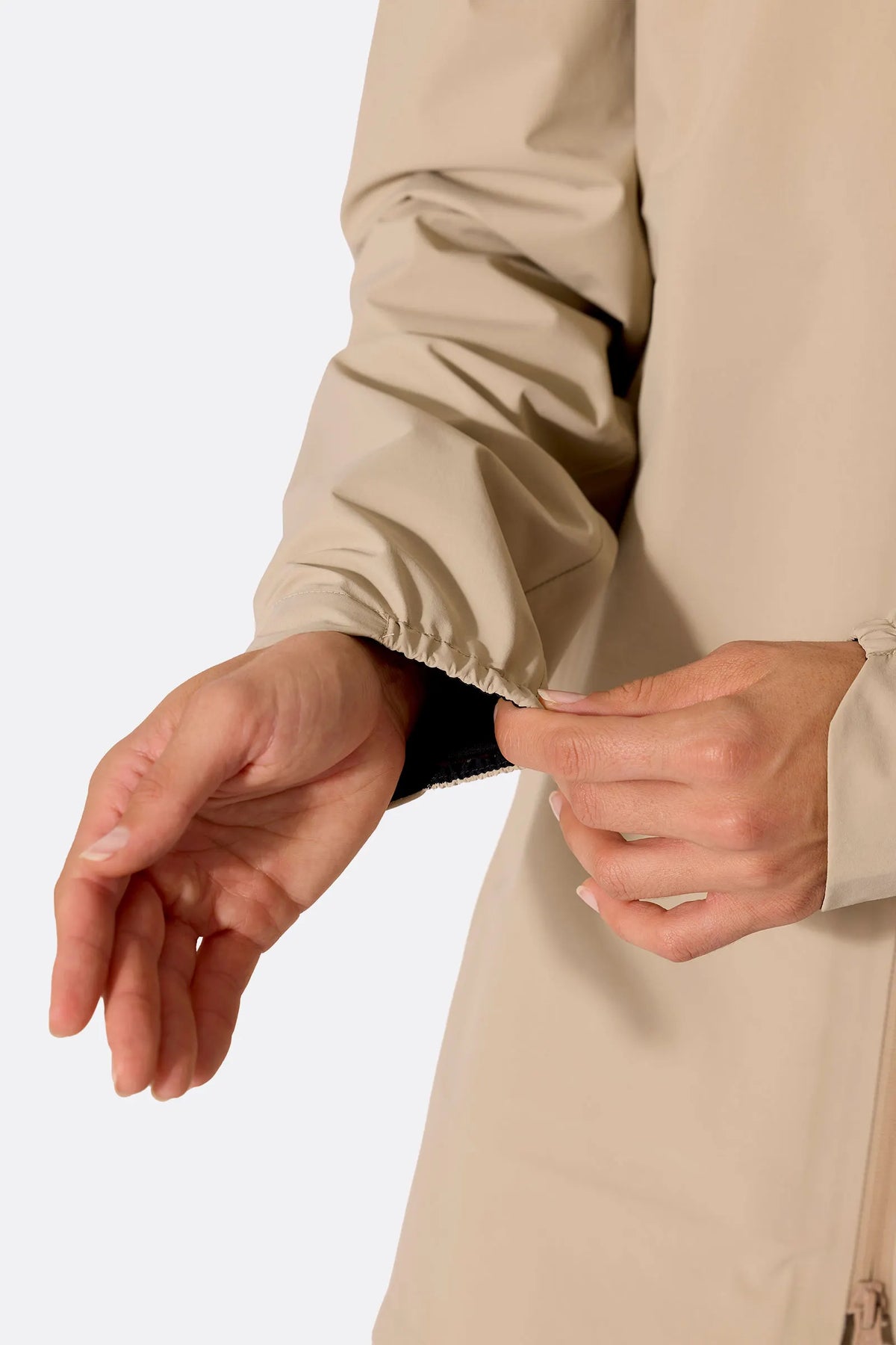Rab Women's Firewall Waterproof Parka in Dark Pebble - cuff detail on model (2 of 2)