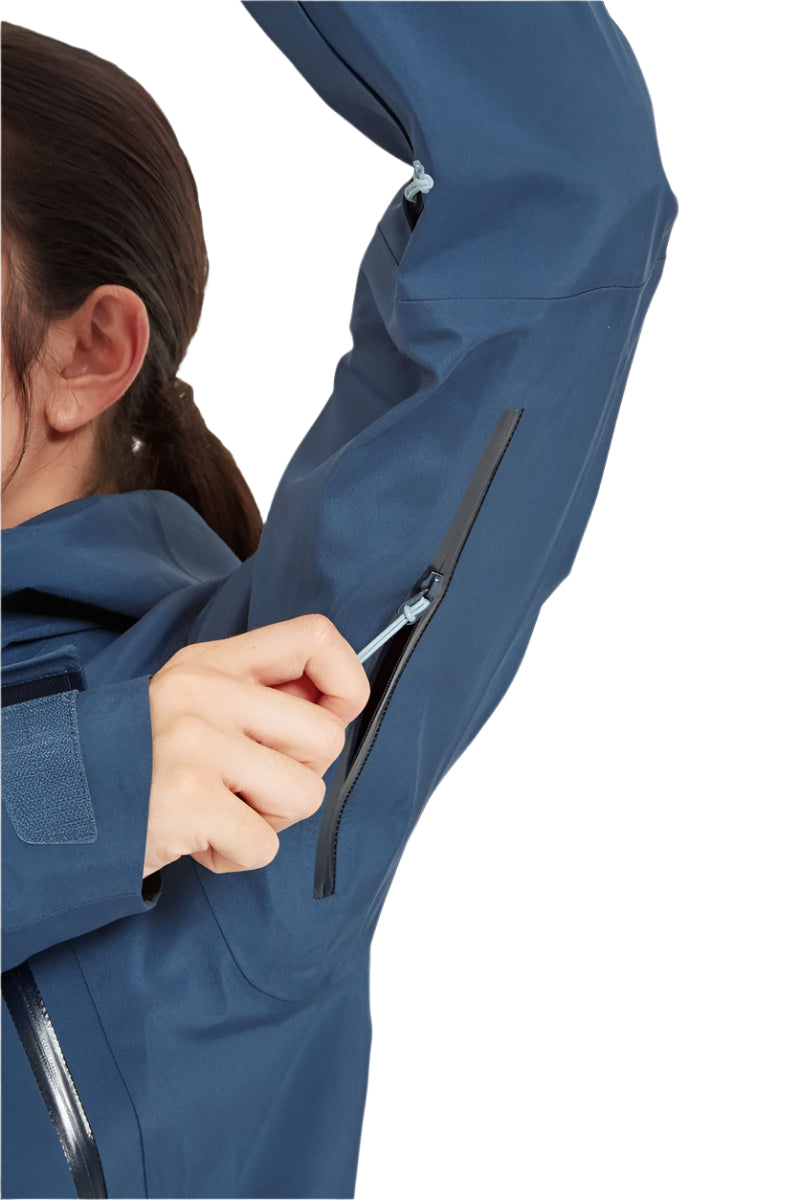 Rab Women's Khroma Converge GORE-TEX Ski Jacket in Tempest Blue - pit zip detail, worn (reference only, not a stocked colour)