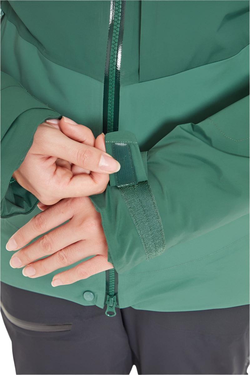 Rab Women's Khroma Diffract Insulated Ski Jacket in Greenslate/Eucalyptus - front zip detail
