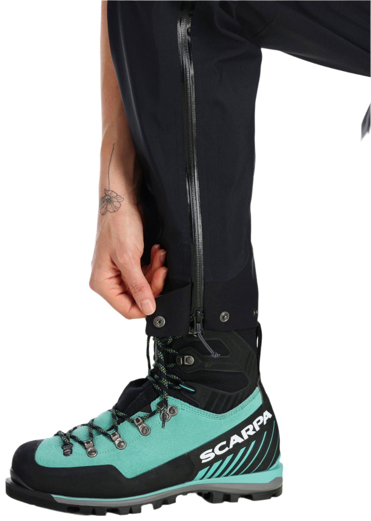 Rab Women's Latok GORE-TEX Pro Pants in Black - hem detail, worn