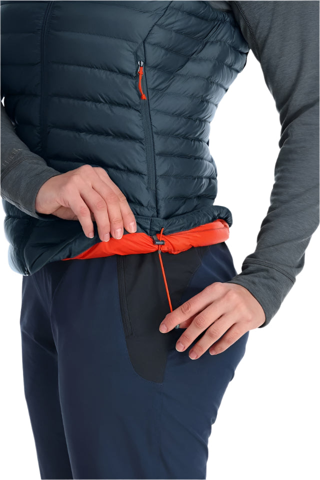 Rab Women's Microlight Down Vest in Orion Blue (Reference) - Hip Drawcord Detail, Worn