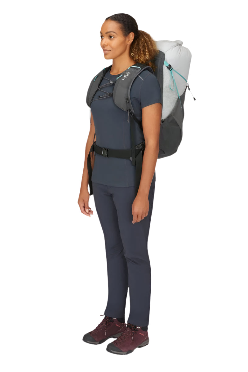 Rab Women's Muon ND40L Hiking Pack in Pewter/Graphene - On Model Full Length Side