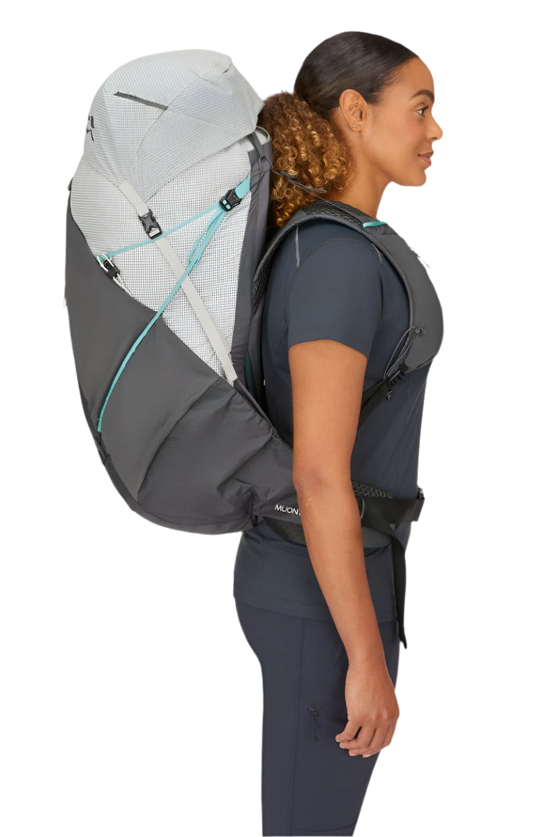 Rab Women's Muon ND50L Hiking Pack in Pewter/Graphene - On Model Side Close Up