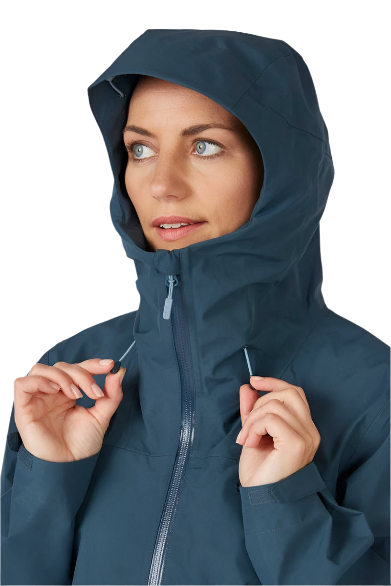 Rab Women's Namche GORE-TEX Jacket in Orion Blue - hood detail, worn