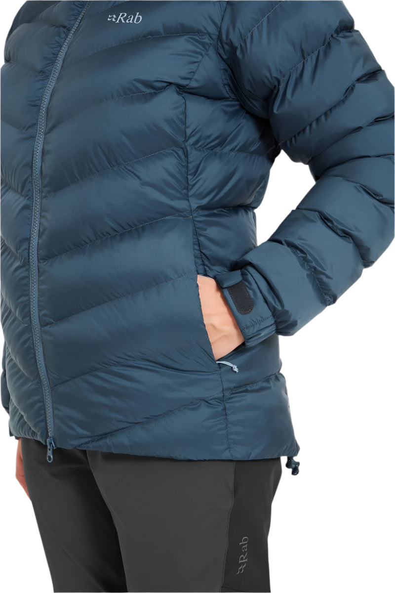 Rab Women's Nebitron Pro Insulated Jacket in Orion Blue - hand pocket detail worn