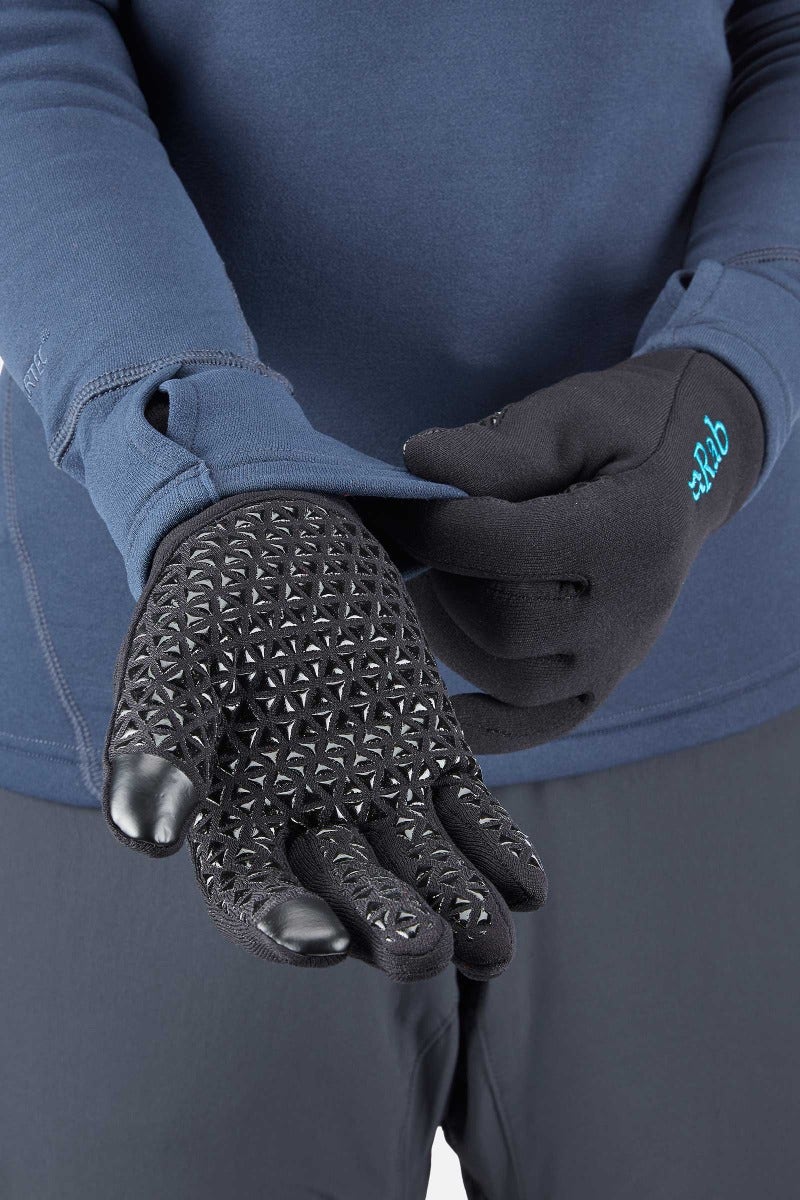 Rab Women's Power Stretch Contact Grip Gloves in Black - Worn, Hands Detail
