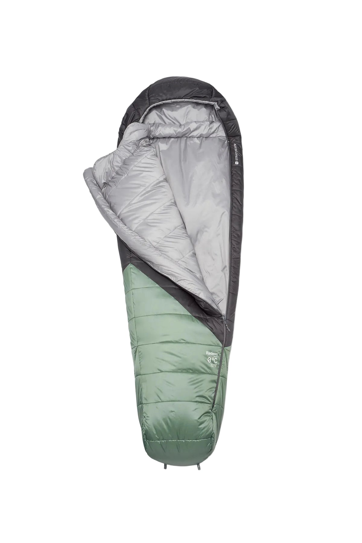 Rab Women's Radeon Synthetic Sleeping Bag (0°C/32F) in Dark Fig Green/Graphene - styled, angled