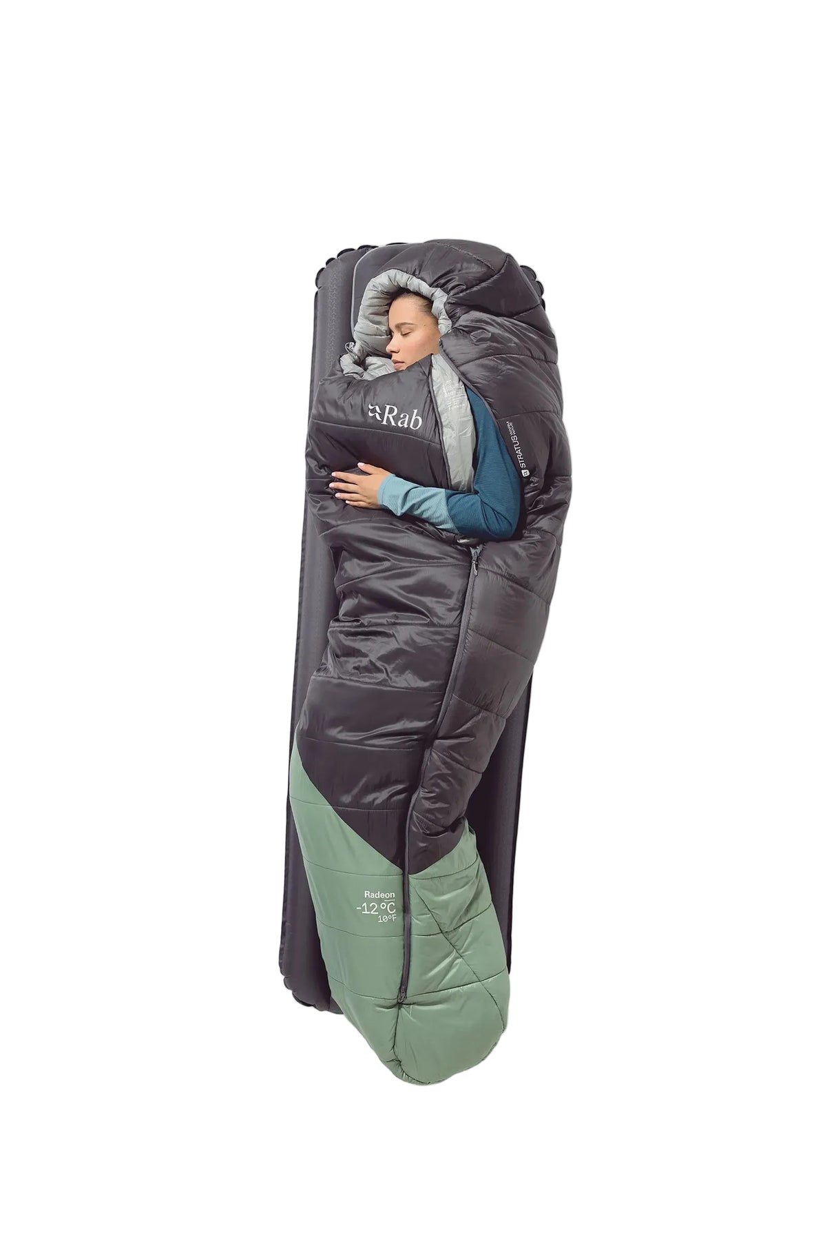 Rab Women's Radeon Synthetic Sleeping Bag (0°C/32F) in Dark Fig Green/Graphene - worn, lying flat