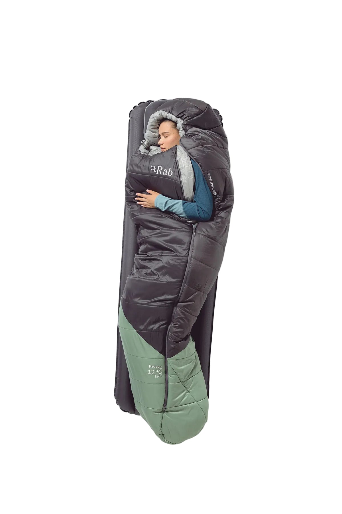 Rab Women's Radeon Synthetic Sleeping Bag (-6°C/20F) in Dark Fig Green/Graphene - worn, lying flat