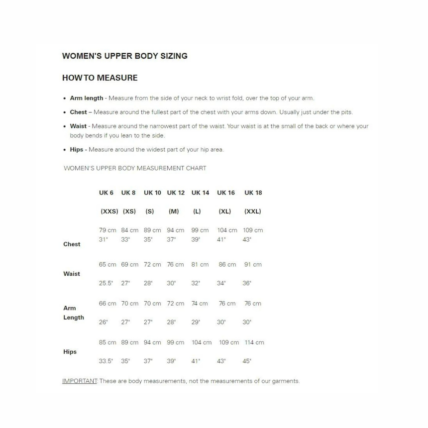 Rab Women's Stance Vintage Tee sizing chart
