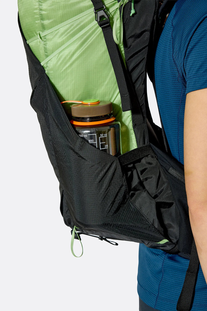 Rab Women's Syclon XP ND 38L Waterproof Pack in Black/Dark Fig Green - Hipbelt Pocket Detail