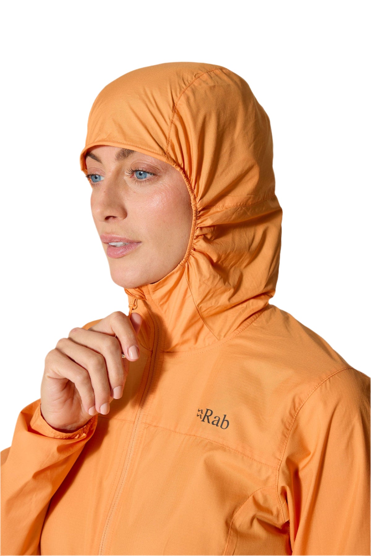 Rab Women's Windgather Hooded Jacket in Orange - hood detail worn