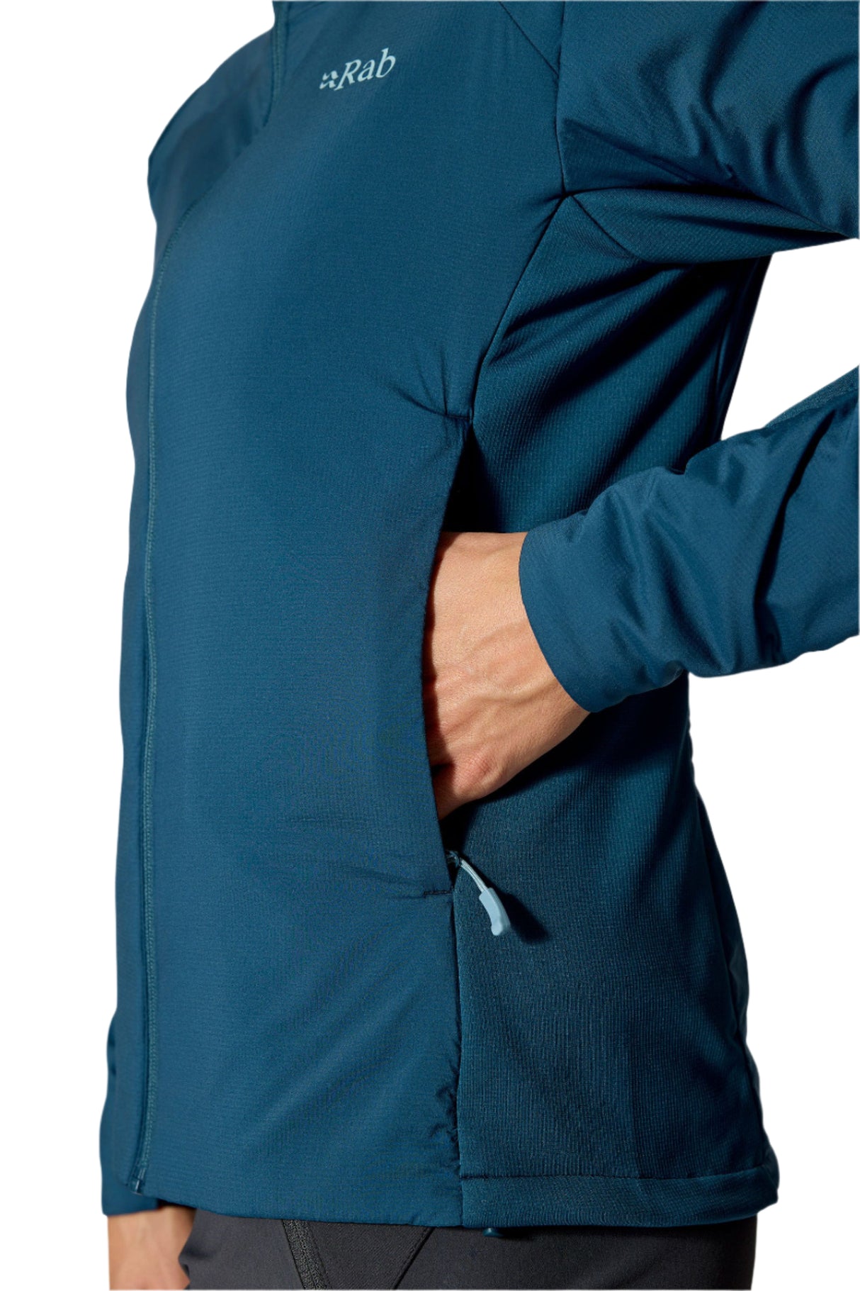 Rab Women's Xenair Alpine Flex Insulated Jacket in Tempest Blue - collar detail