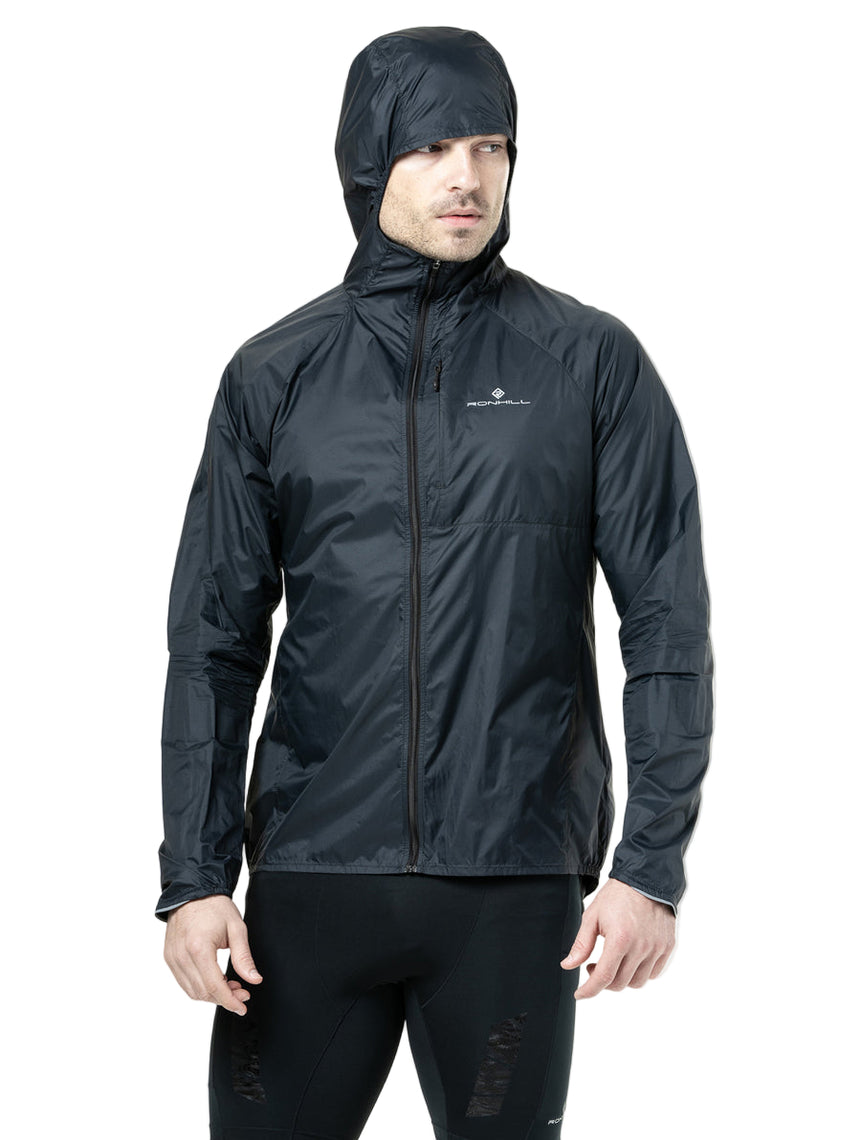 Ronhill Men's Tech All-Terrain Jacket in All Black - roll-away hood detail