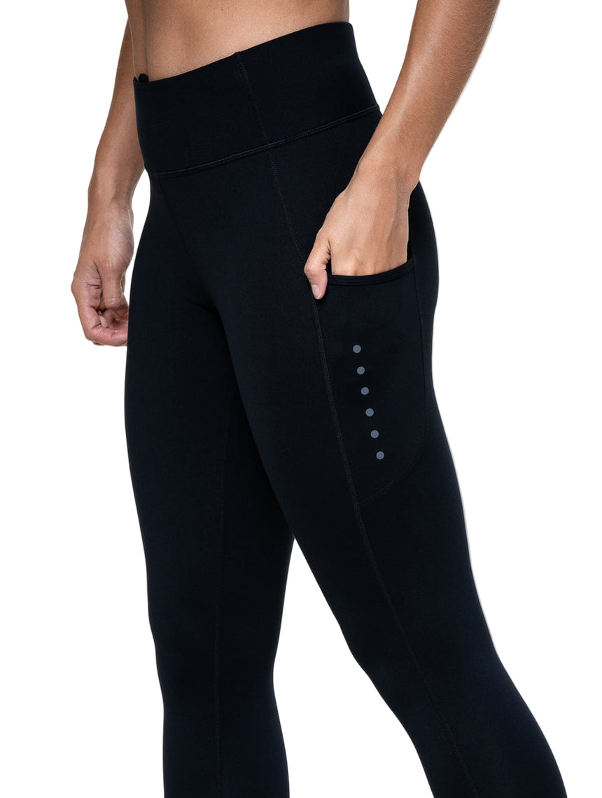 Ronhill Women's Core Crop Tight in Black/Bright White - fob pocket detail, 2