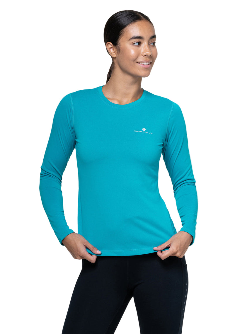 Ronhill Women's Core L/S Tee in Azure/Bright White - front, fit
