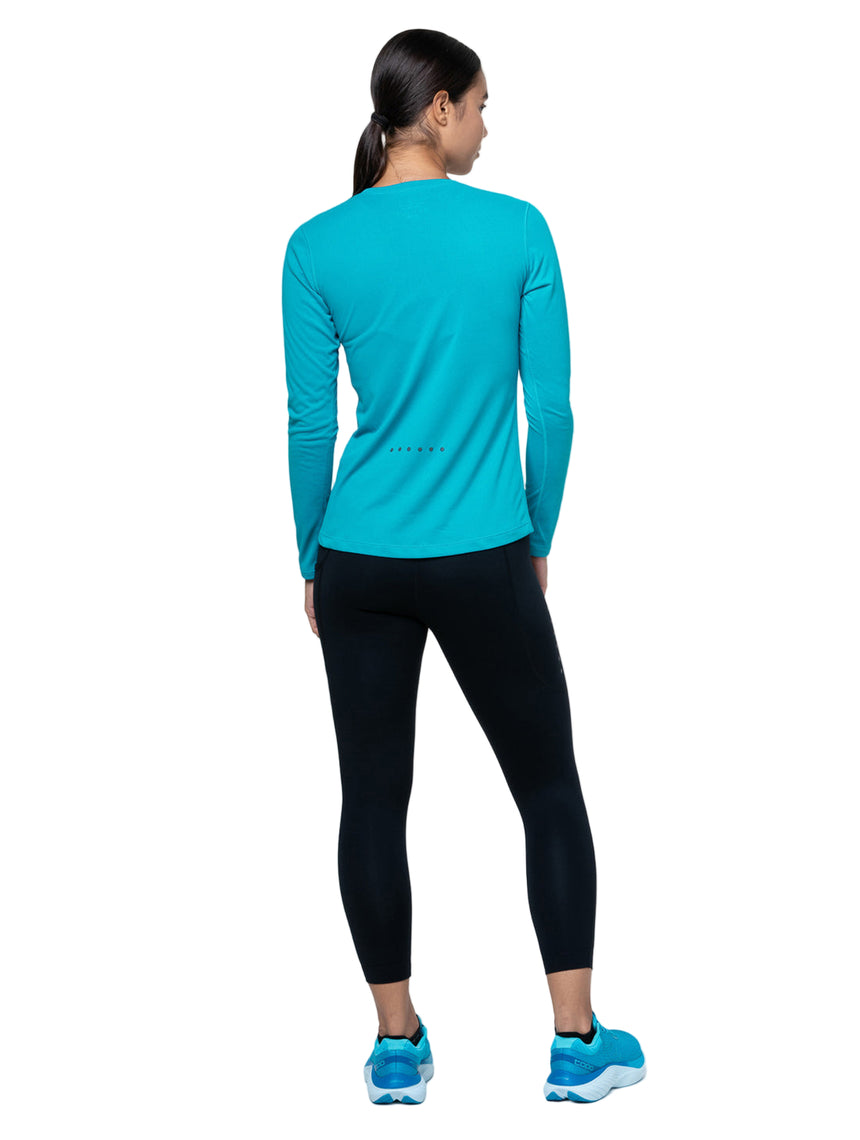 Ronhill Women's Core L/S Tee Outdoor Action Azure/Bright White- Back Fit on Model