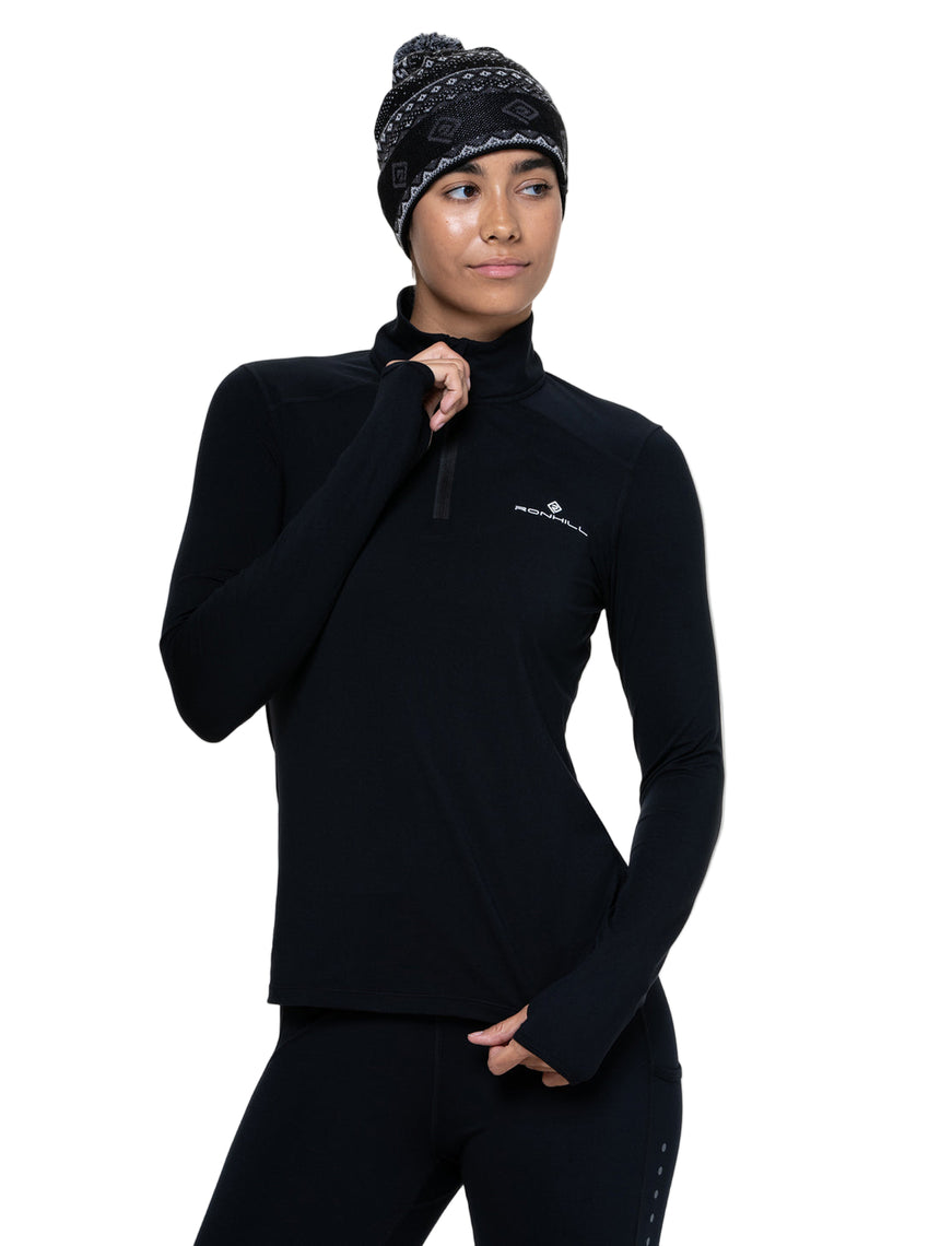 Ronhill Women's Core Thermal 1/2 Zip Outdoor Action Black/Bright White- Collar