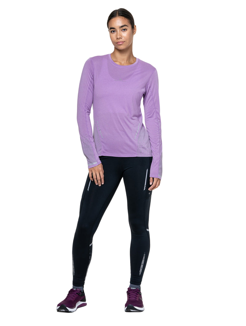 Ronhill Women's Tech Reflect L/S Tee Outdoor Action Iris Marl/Reflect- Front Fit on Model