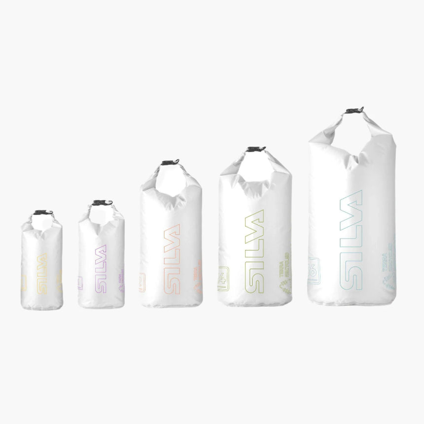 Set of white Silva dry bags of different sizes on a white background