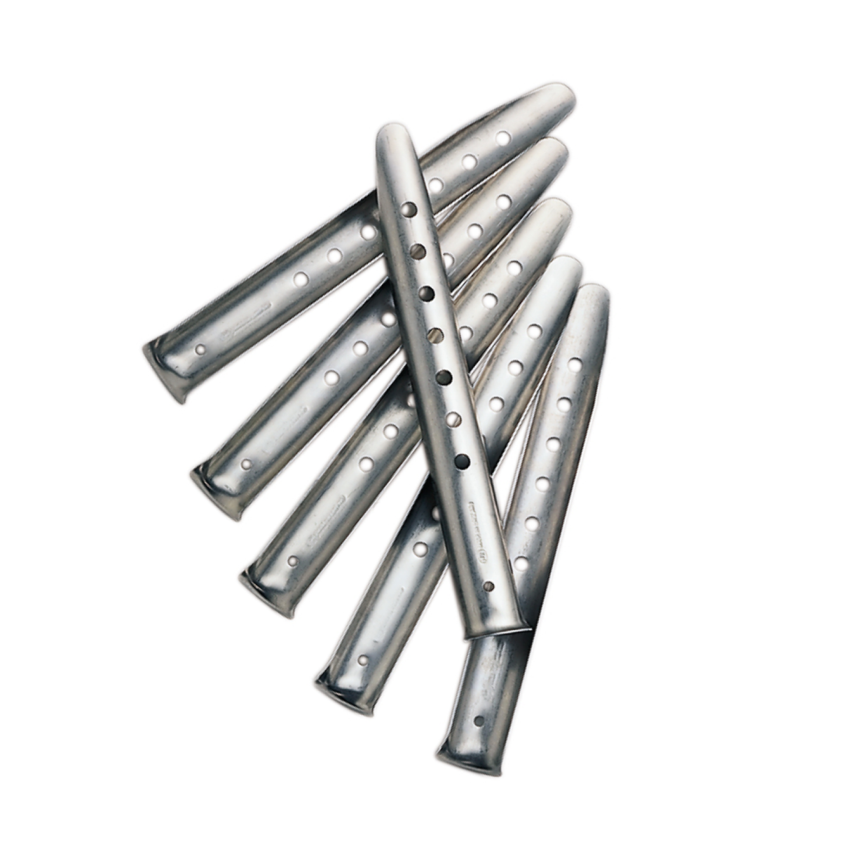 Metallic tubes with holes on a white background