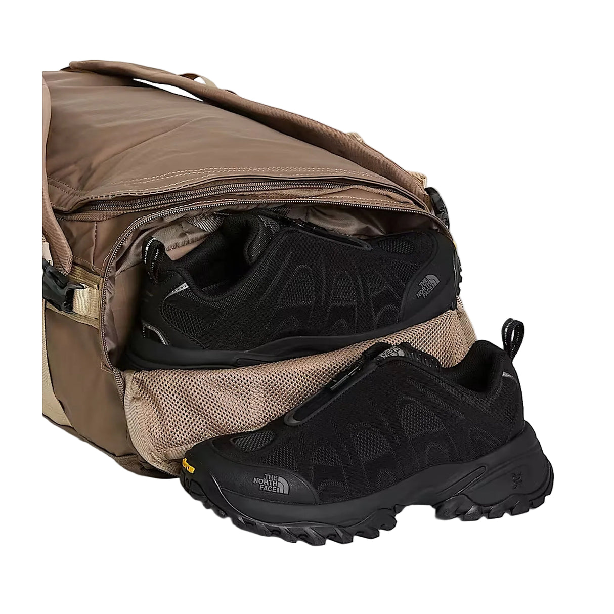 The North Face Base Camp Voyager Duffel 32L in Garnet/Timeless Taupe - shoe compartment detail