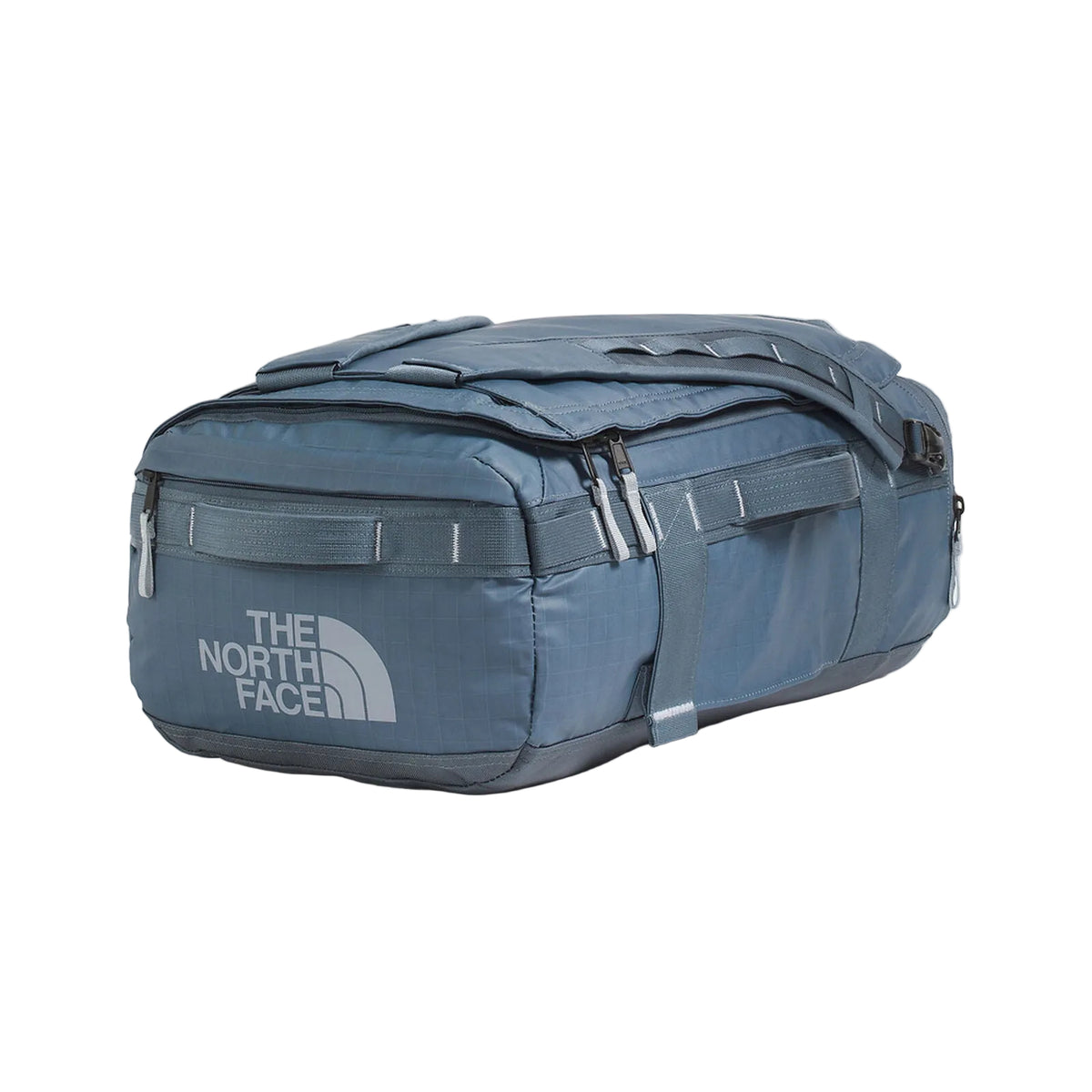 The North Face Base Camp Voyager Duffel 32L in Granite Grey/Frost Grey - front closure detail