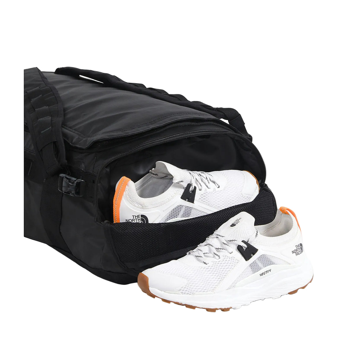The North Face Base Camp Voyager Duffel 32L in TNF Black/Asphalt Grey - side, strap detail