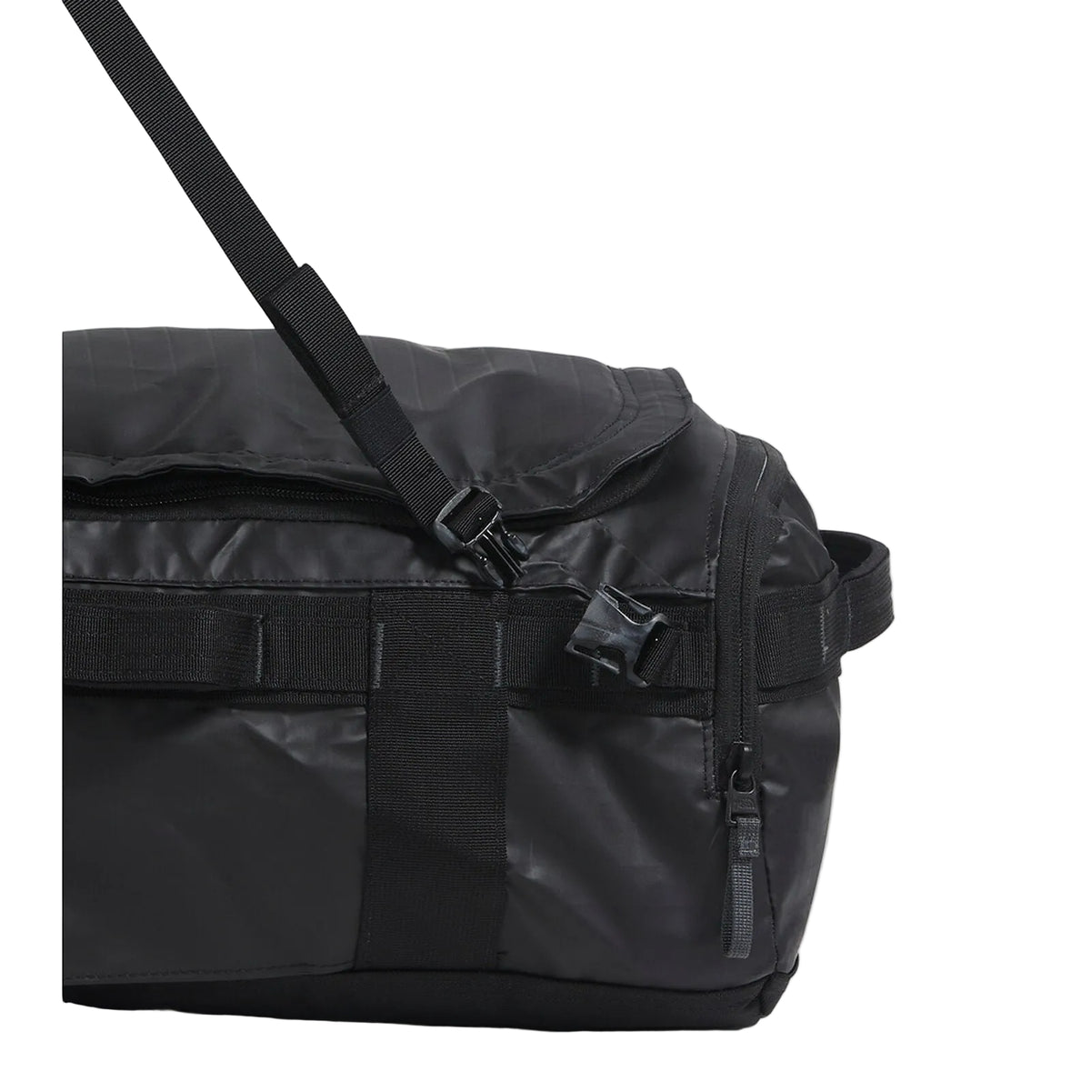 The North Face Base Camp Voyager Duffel 32L in TNF Black/Asphalt Grey - zip pocket detail