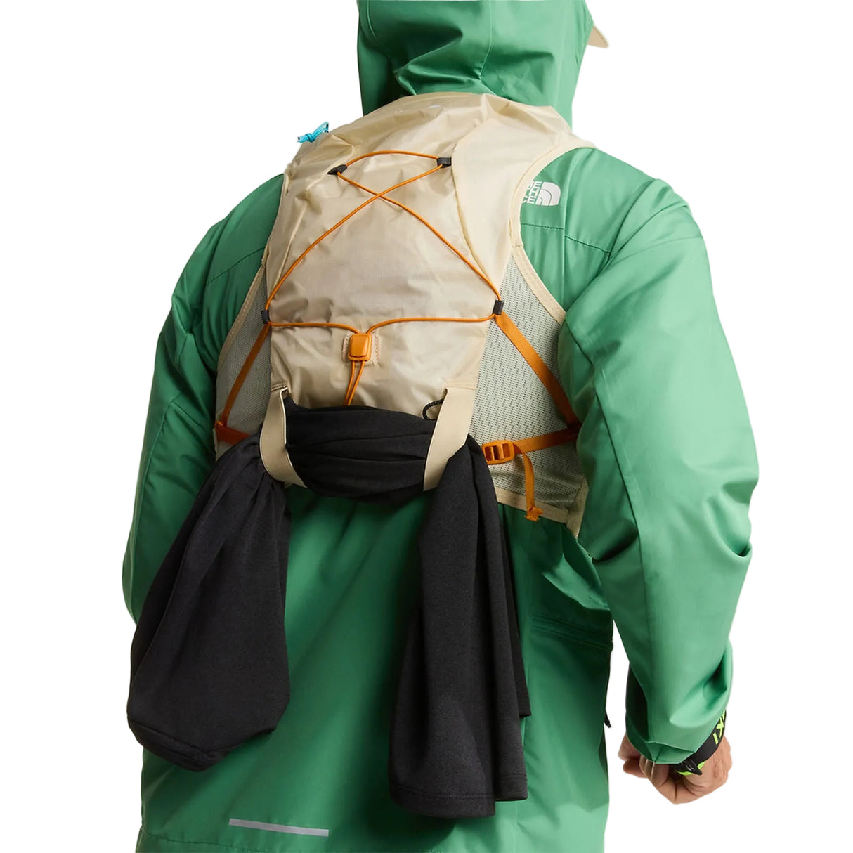 The North Face Sunriser Run Vest 8 in Desert Stone/Rust Orange - worn, back, chest strap detail