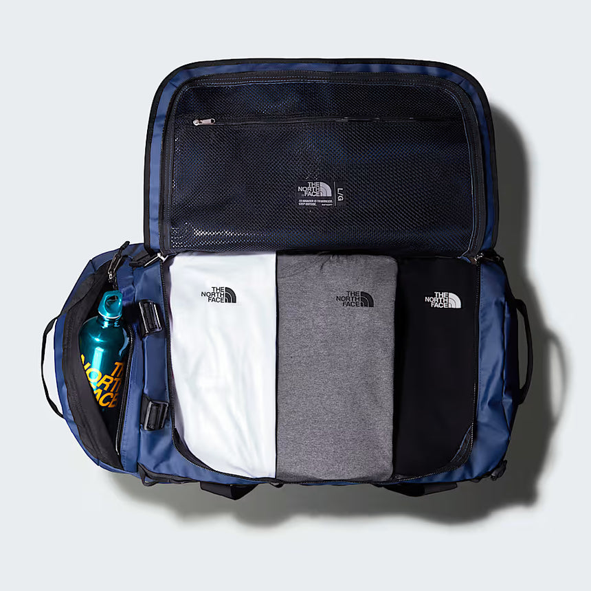 The North Face Base Camp Duffel Large Summit Navy/TNF Black - top view showing D-zip opening and compression straps