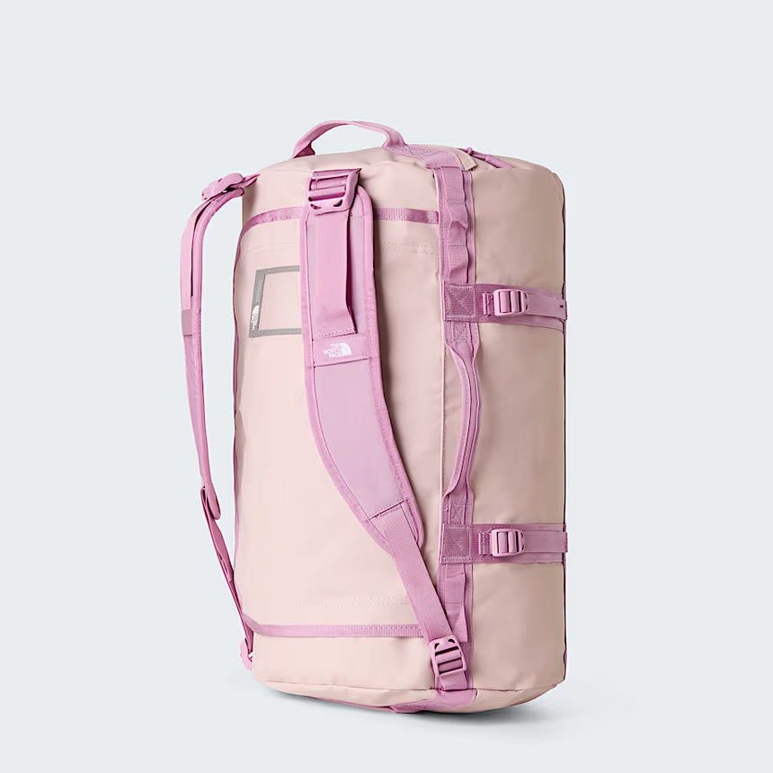 The North Face Base Camp Duffel Small Metal Pink/Hushed Lavender - end-cap zippered compartment detail for wet clothes and gear separation