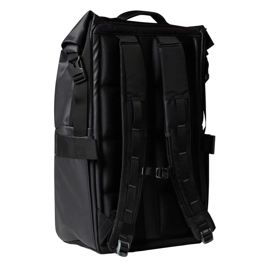 The North Face Base Camp Voyager Roll Top Backpack back panel with padded shoulder straps and comfortable foam construction