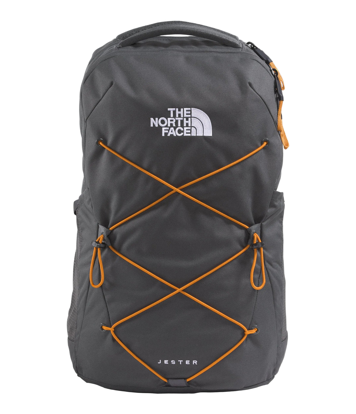 The North Face Jester Backpack 28L in Anthracite Grey - front view with recycled polyester construction and bungee system