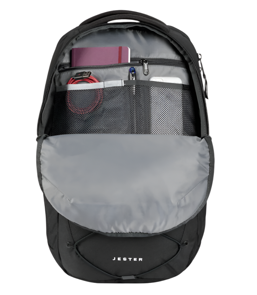 The North Face Jester Backpack Black - detail of front organization compartment and sternum strap