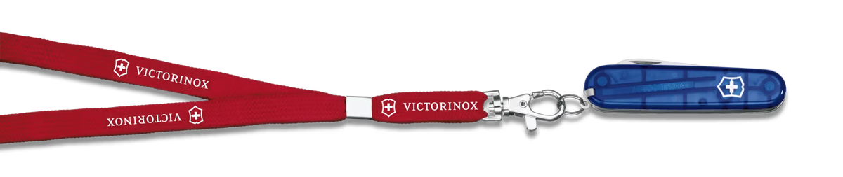 Victorinox Swiss Army knife with red lanyard on a white background