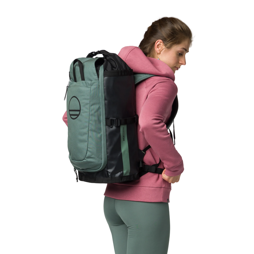 Wild Country Climbing Crag Hauler 25 Backpack Black/Marsh - back angle of model wearing pack