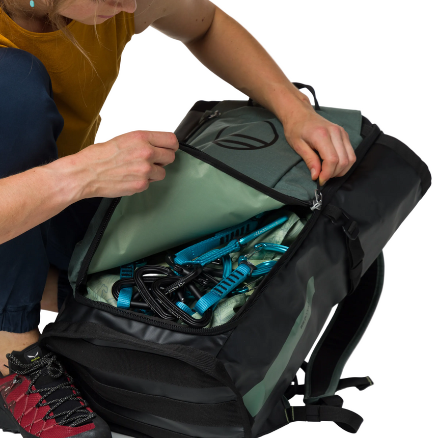 Wild Country Climbing Crag Hauler 40 Backpack Black/Marsh - Front Compartment Filled with Carabiners