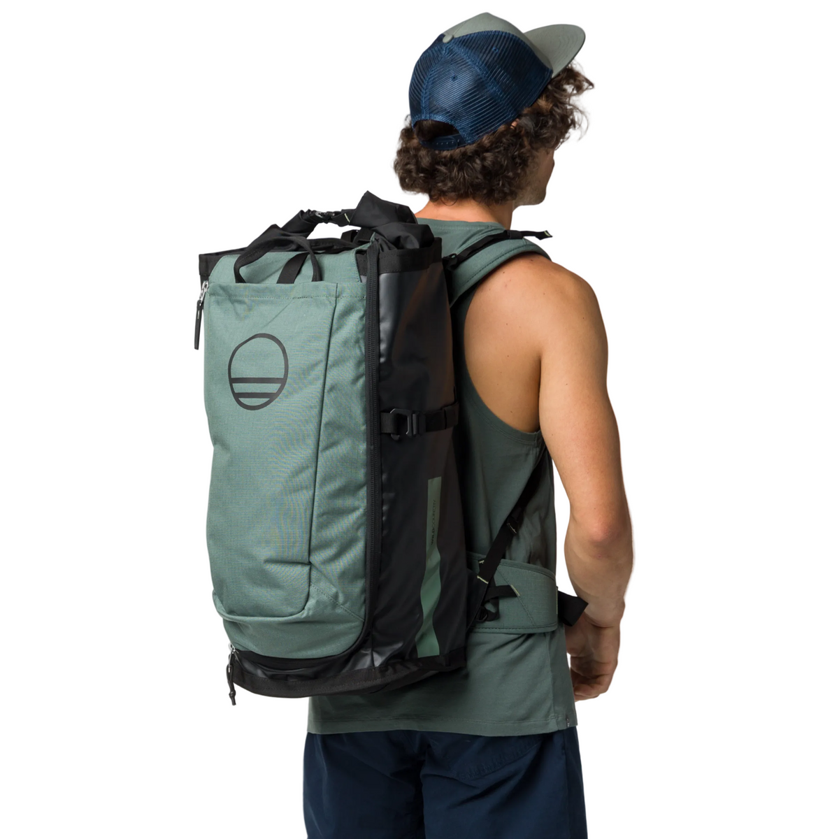 Wild Country Climbing Crag Hauler 40 Backpack Outdoor Action Black/Marsh - Back view of backpack on model