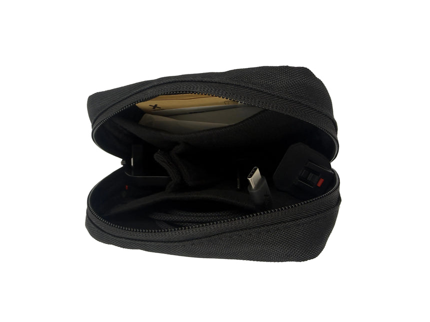 Black hard-shell travel case on a white background