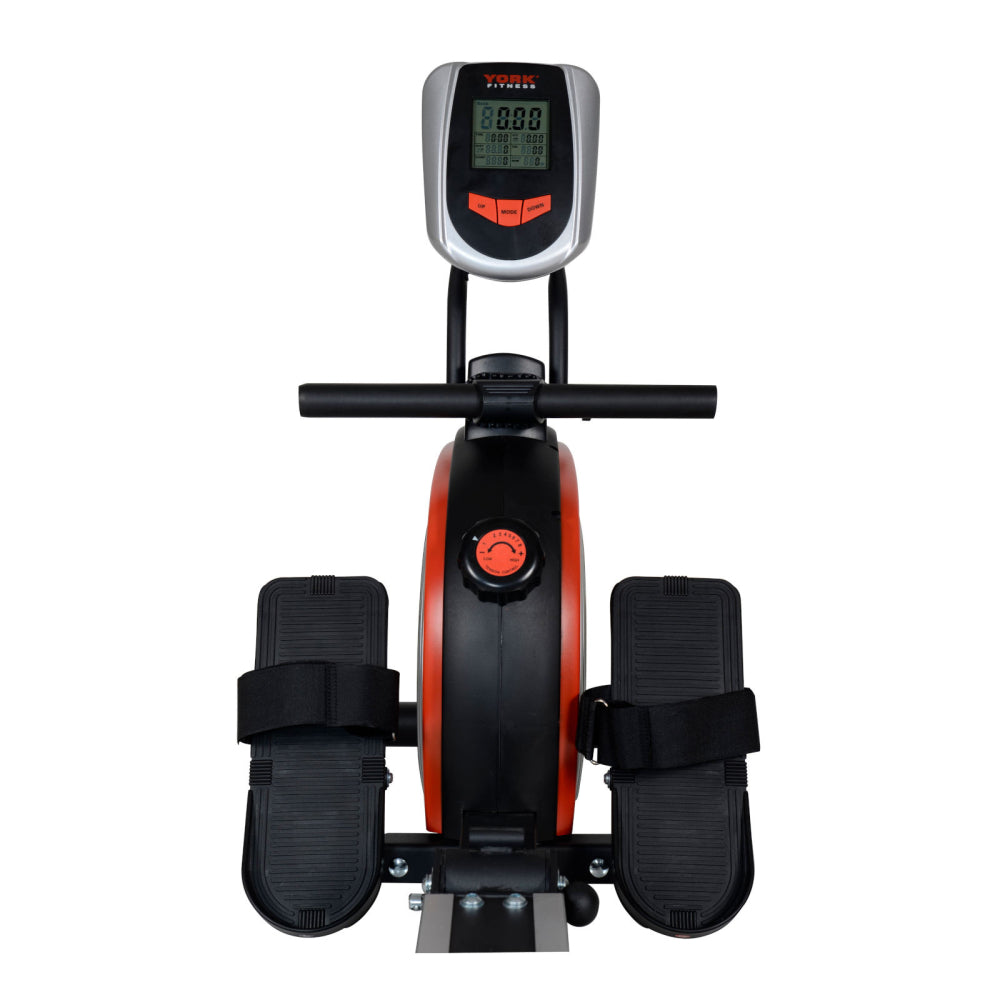 Exercise bike with digital display on a white background