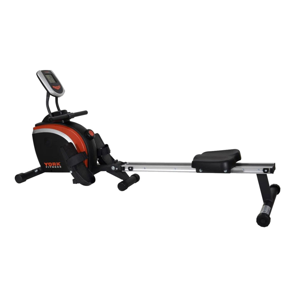 Rowing machine with digital display on a white background