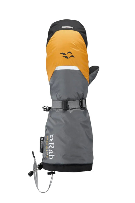 Grey and orange glove with a brand logo on a white background