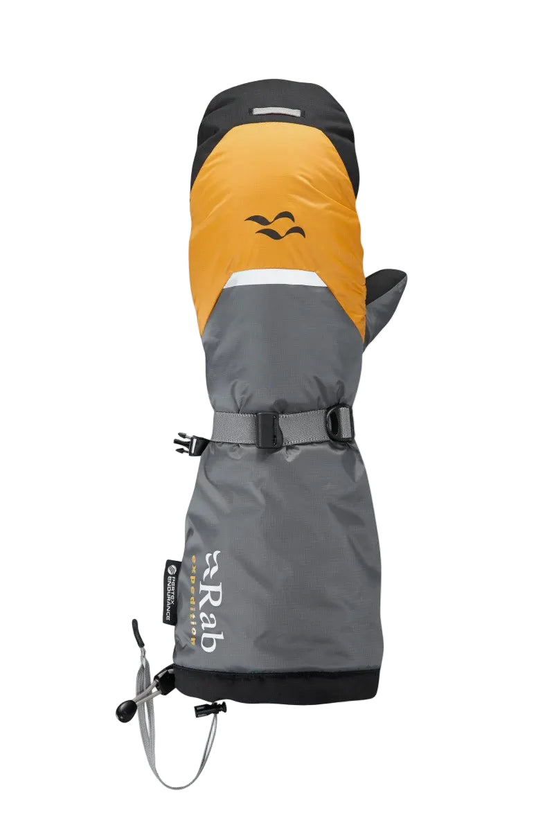 Grey and orange glove with a brand logo on a white background