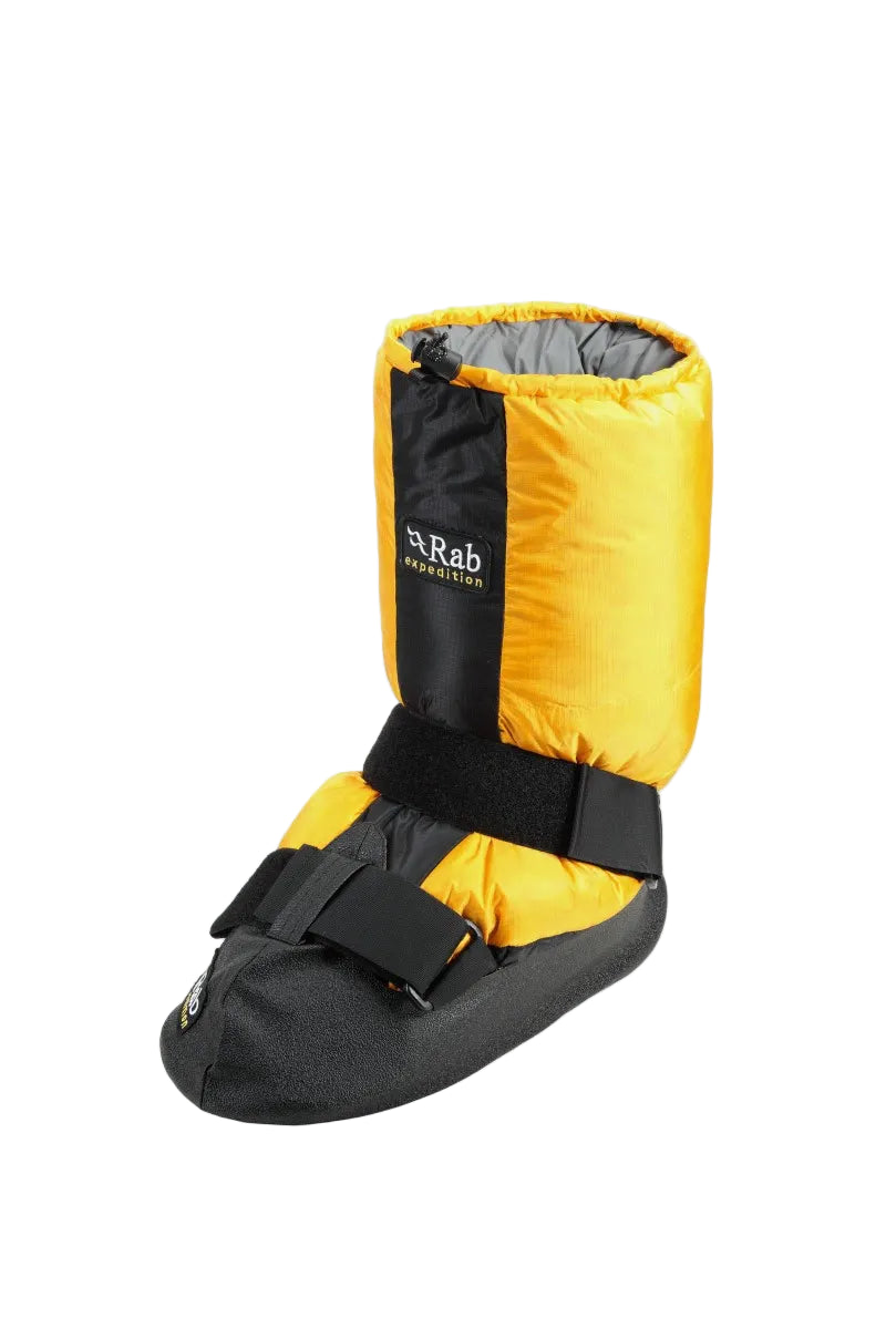 Yellow and black boot cover with Rab logo on a white background