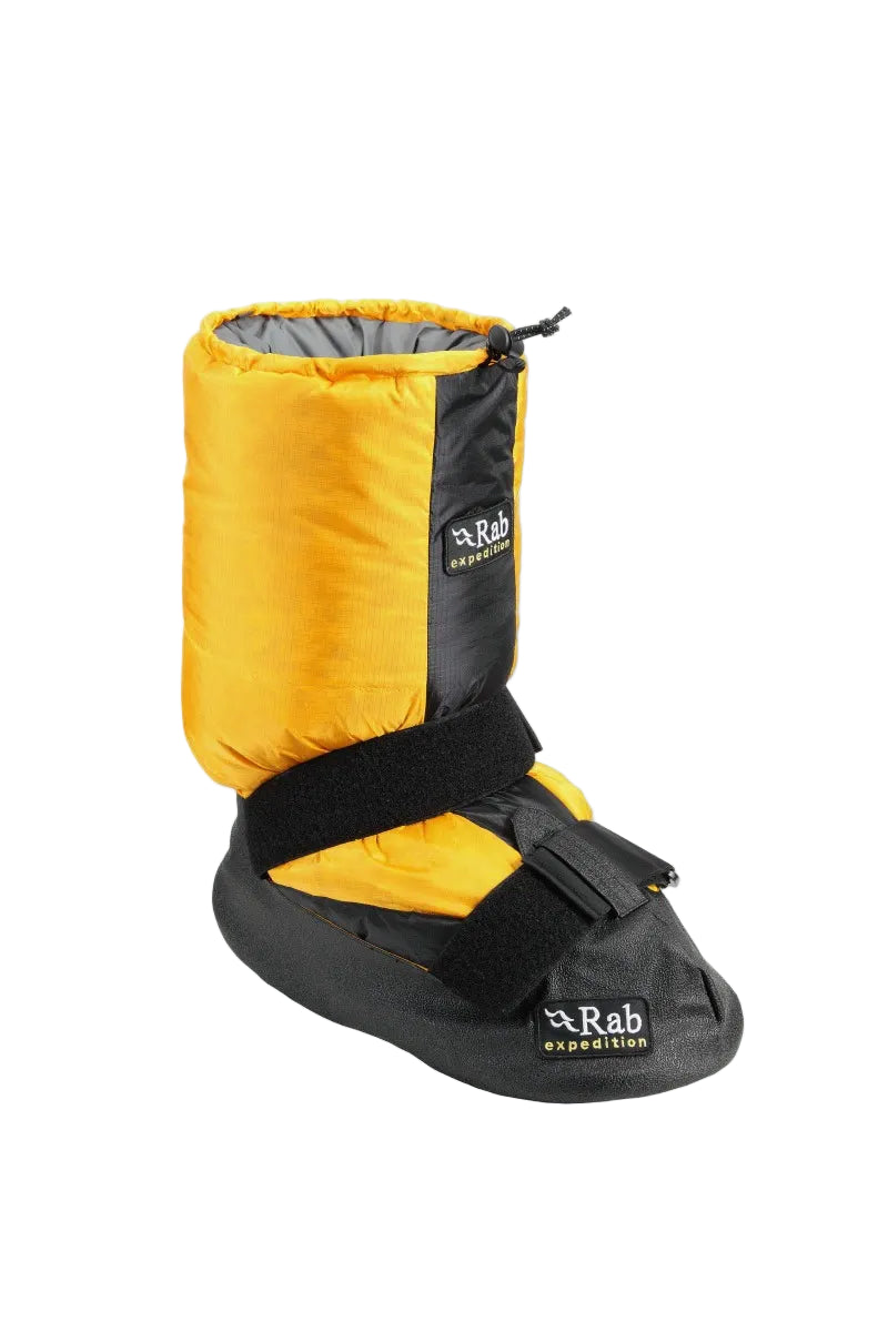 Yellow and black boot cover with Rab logo on a white background