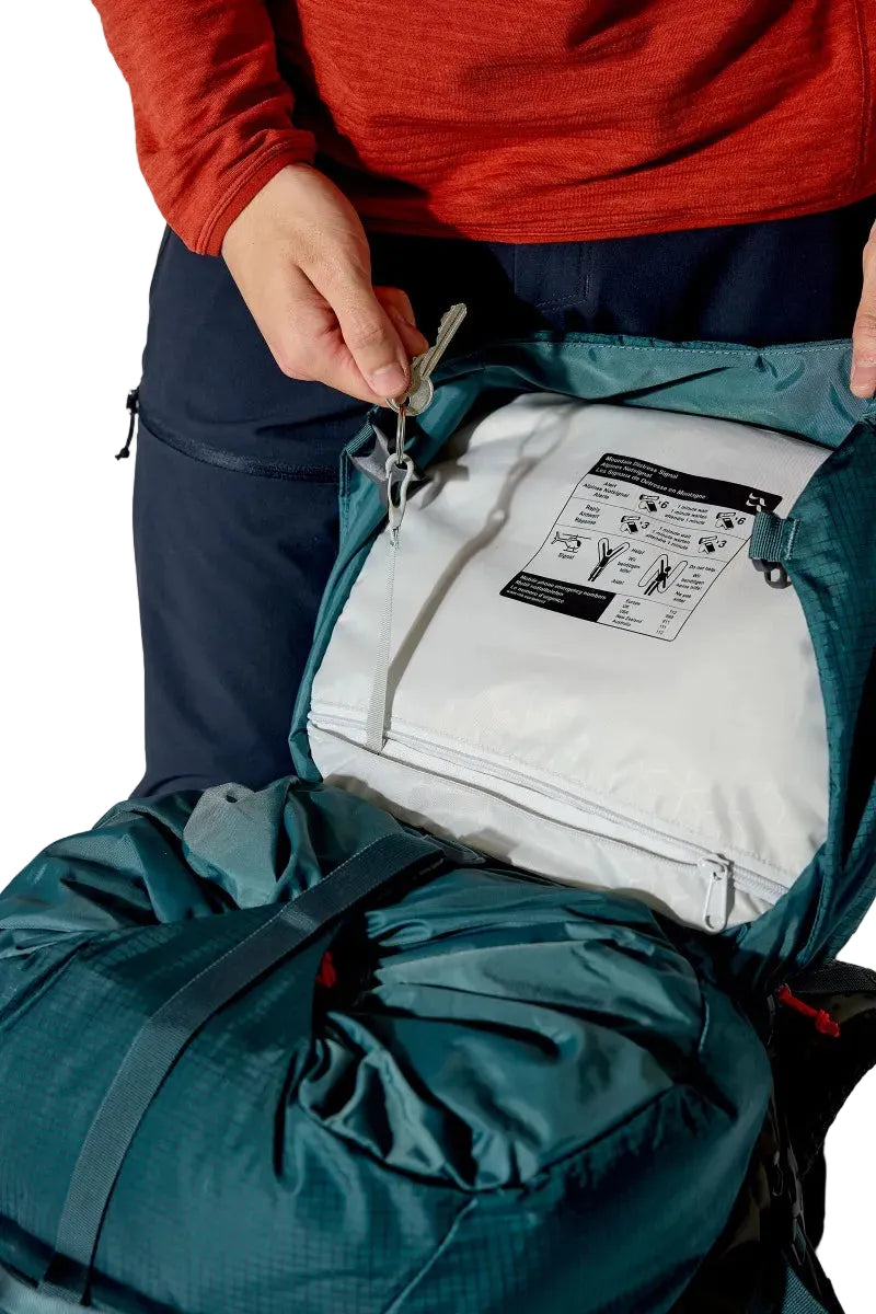 Rab Hyperon 80L Trekking Pack in Orion Blue/Anthracite - lid pocket, worn
