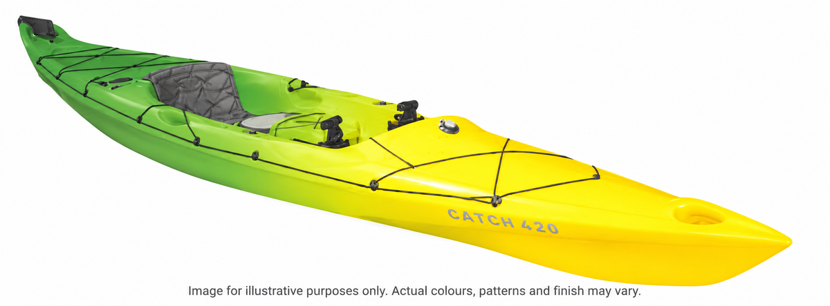 Mission CATCH 420 EXP (ruddered) kayak in Green Fade, full kayak colour illustration. Image for illustrative purposes only. Actual colours, patterns and finish may vary.